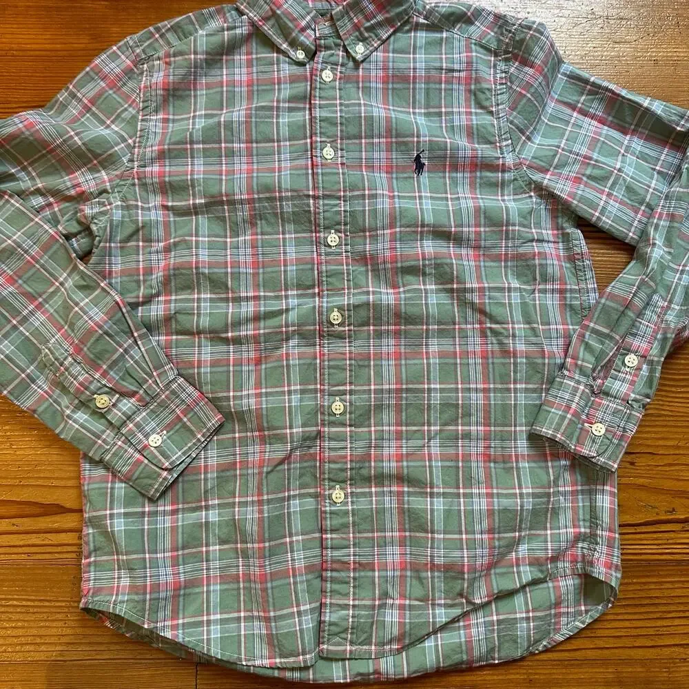 Ralph Lauren green pink‎ plaid long sleeve button up shirt SIZE L 14-16